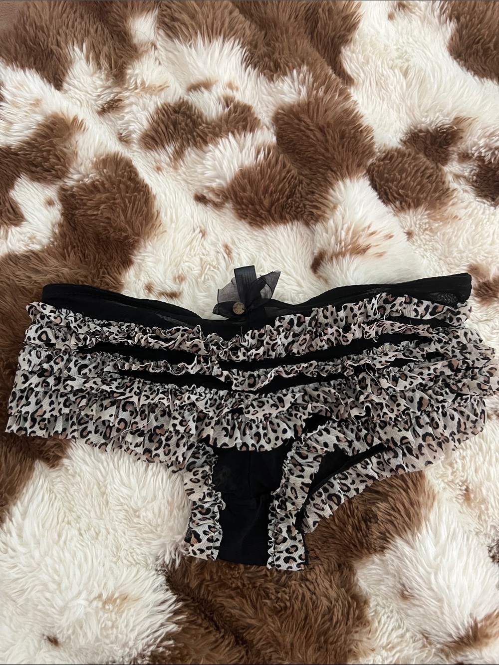 Ruffled Leopard Print Bikini Briefs - Black & Beige